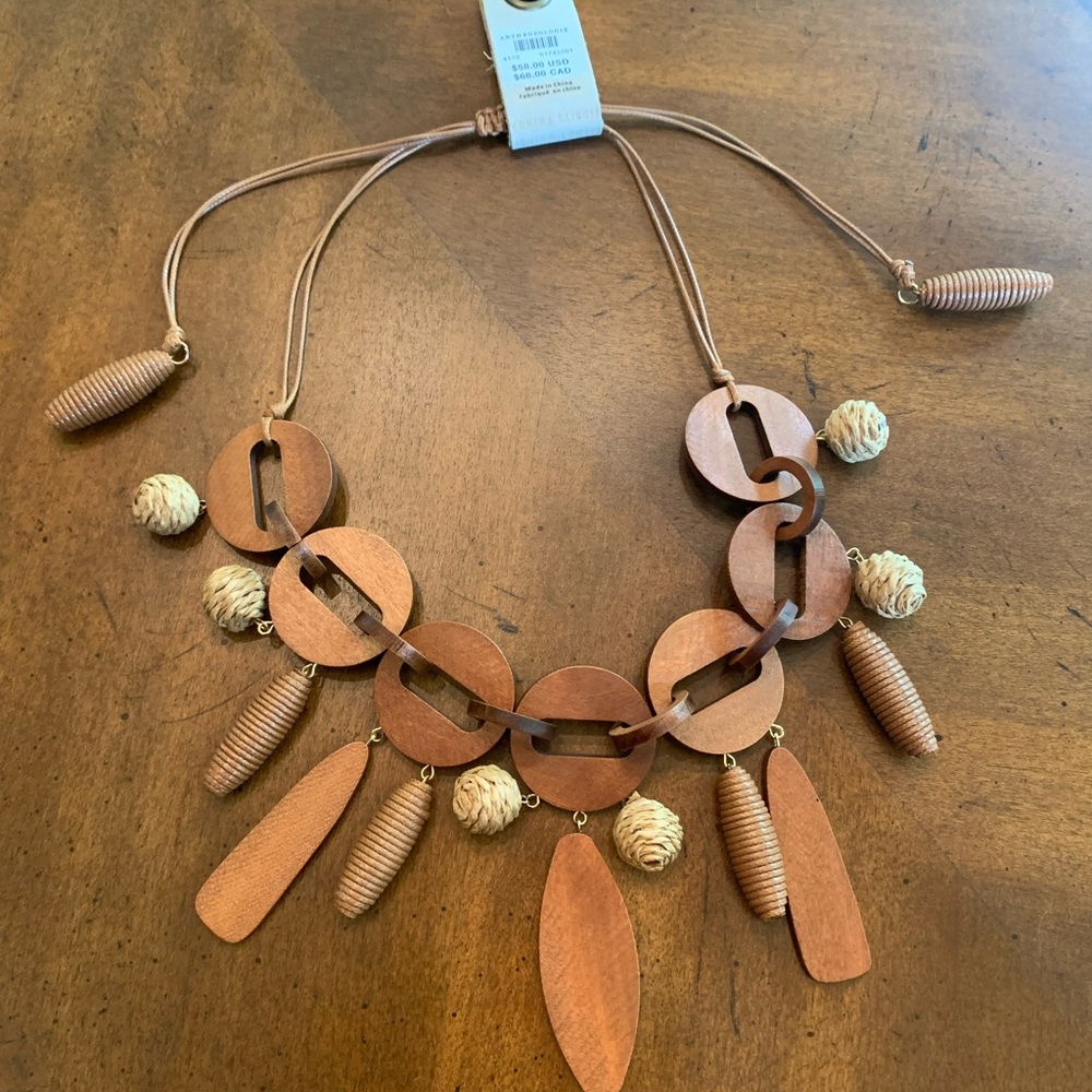 Anthropologie Wood and Raffia Tan Braided Cord Necklace NWT